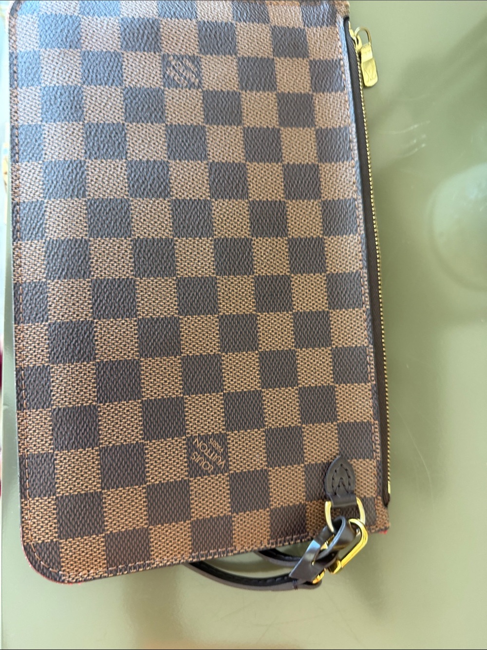 Louis Vuitton Brown Checkered Canvas wristlet Pouch with Gold Hardware